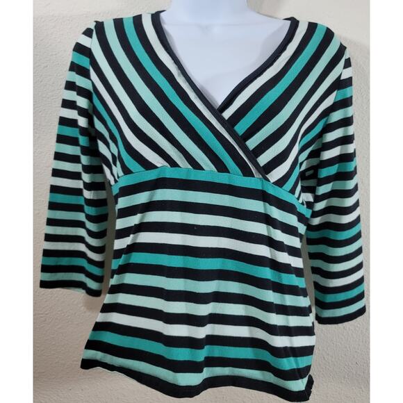 Style & Co Green Black Striped Crisscross Bodice Top PM Lightweight Soft Stretch - Picture 1 of 4